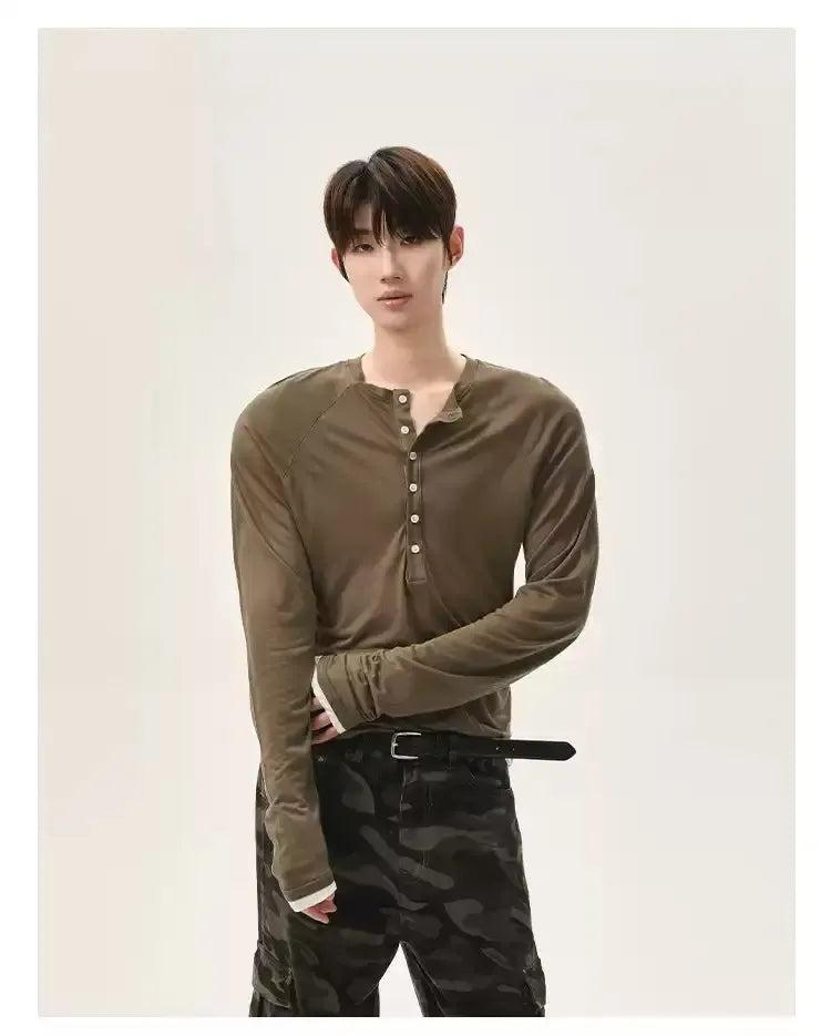 Cui Half-Buttoned Slim Fit Long Sleeve T-Shirt-korean-fashion-T-Shirt-Cui's Closet-OH Garments