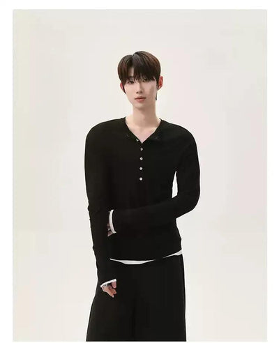 Cui Half-Buttoned Slim Fit Long Sleeve T-Shirt-korean-fashion-T-Shirt-Cui's Closet-OH Garments