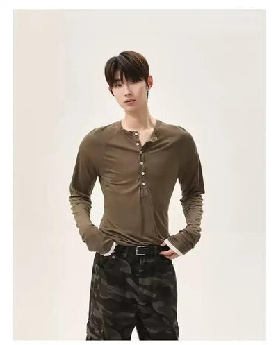 Cui Half-Buttoned Slim Fit Long Sleeve T-Shirt-korean-fashion-T-Shirt-Cui's Closet-OH Garments
