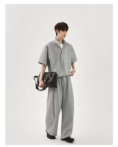 Cui Half-Buttoned Stand Collar T-Shirt & Elastic Waist Sweatpants Set-korean-fashion-Clothing Set-Cui's Closet-OH Garments