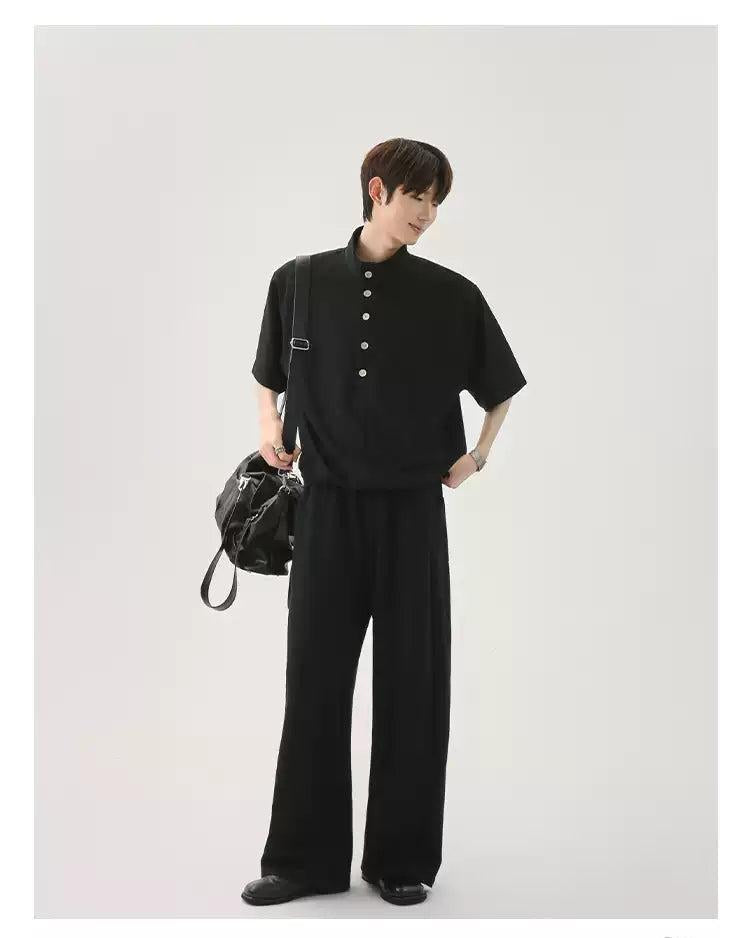 Cui Half-Buttoned Stand Collar T-Shirt & Elastic Waist Sweatpants Set-korean-fashion-Clothing Set-Cui's Closet-OH Garments