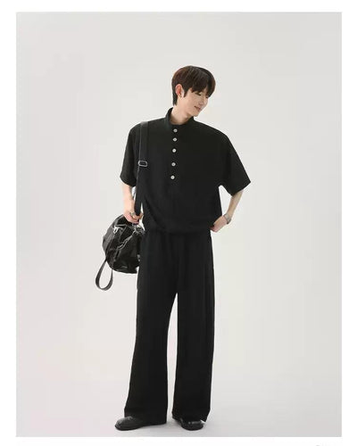 Cui Half-Buttoned Stand Collar T-Shirt & Elastic Waist Sweatpants Set-korean-fashion-Clothing Set-Cui's Closet-OH Garments