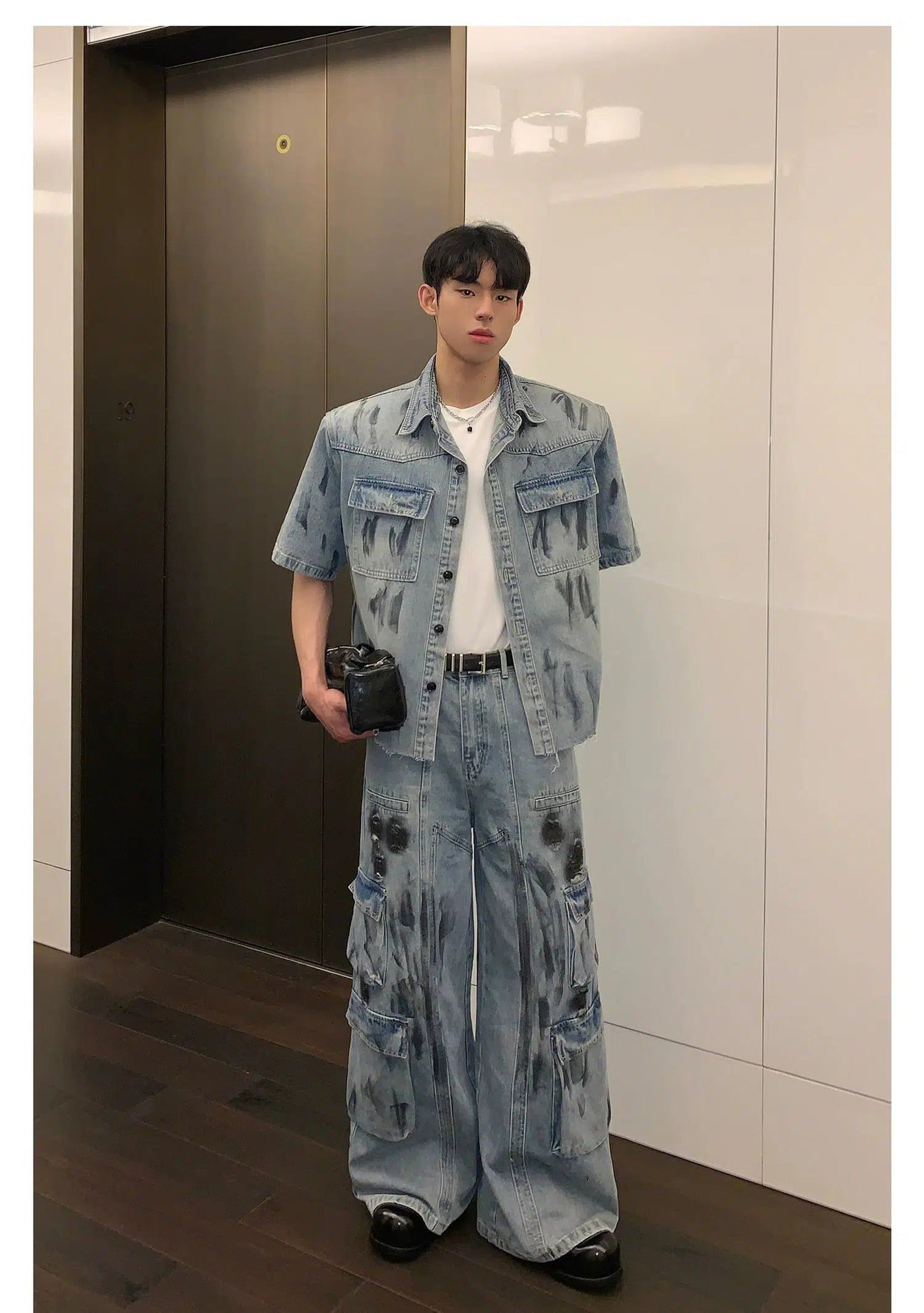 Cui Heavy Pain Smudges Denim Shirt & Cargo Jeans Set-korean-fashion-Clothing Set-Cui's Closet-OH Garments