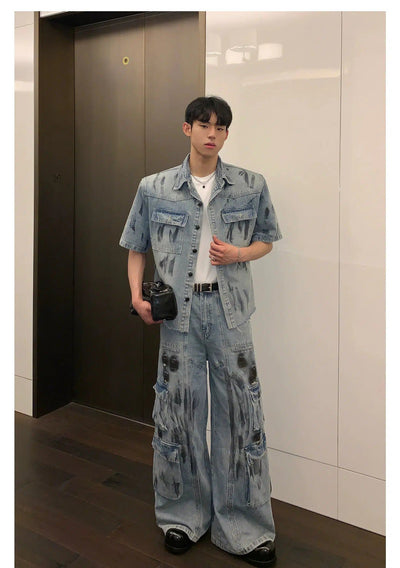 Cui Heavy Pain Smudges Denim Shirt & Cargo Jeans Set-korean-fashion-Clothing Set-Cui's Closet-OH Garments