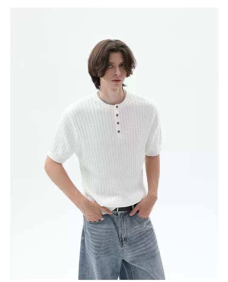 Cui Henley Collar Rib Knit T-Shirt-korean-fashion-T-Shirt-Cui's Closet-OH Garments
