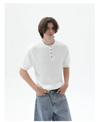 Cui Henley Collar Rib Knit T-Shirt-korean-fashion-T-Shirt-Cui's Closet-OH Garments