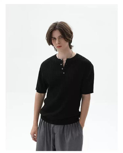 Cui Henley Collar Rib Knit T-Shirt-korean-fashion-T-Shirt-Cui's Closet-OH Garments
