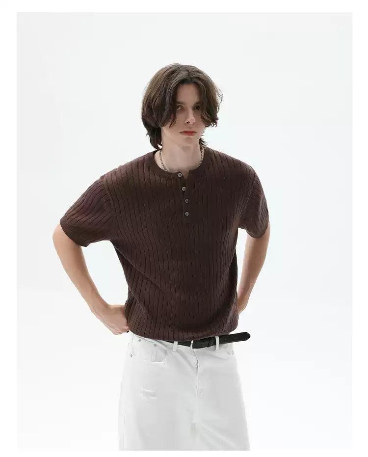 Cui Henley Collar Rib Knit T-Shirt-korean-fashion-T-Shirt-Cui's Closet-OH Garments