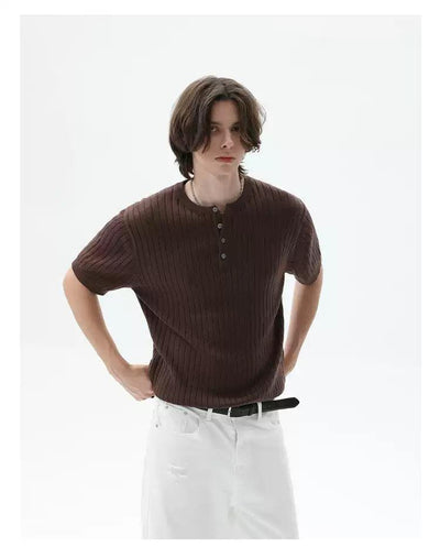 Cui Henley Collar Rib Knit T-Shirt-korean-fashion-T-Shirt-Cui's Closet-OH Garments