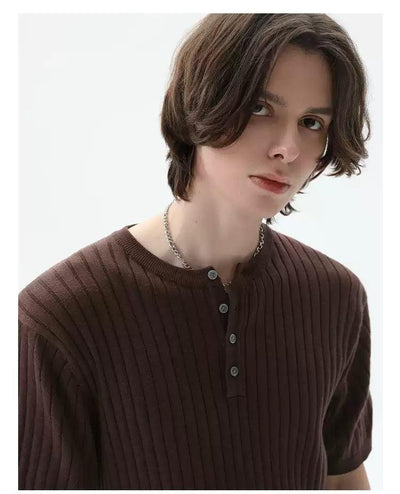 Cui Henley Collar Rib Knit T-Shirt-korean-fashion-T-Shirt-Cui's Closet-OH Garments
