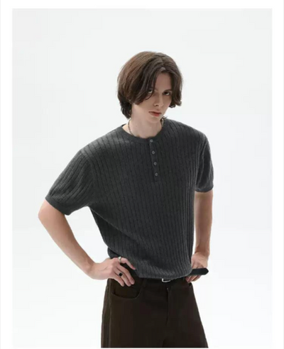 Cui Henley Collar Rib Knit T-Shirt-korean-fashion-T-Shirt-Cui's Closet-OH Garments