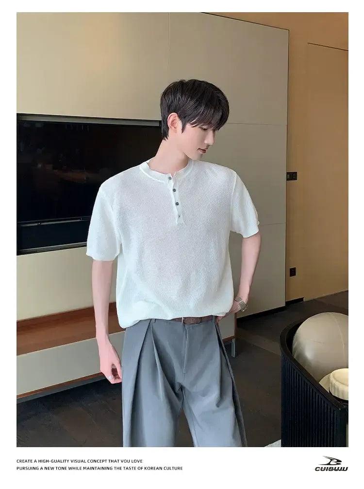 Cui Henley Collar Sheer Knit T-Shirt-korean-fashion-T-Shirt-Cui's Closet-OH Garments
