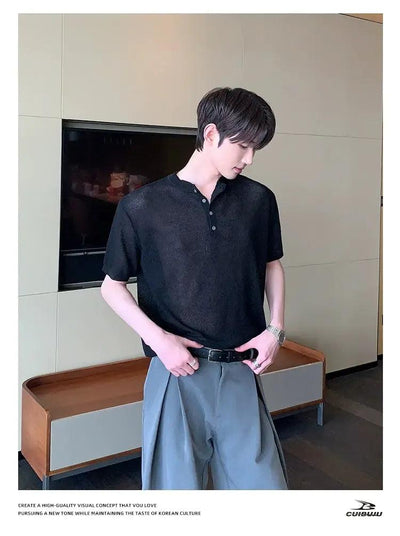 Cui Henley Collar Sheer Knit T-Shirt-korean-fashion-T-Shirt-Cui's Closet-OH Garments