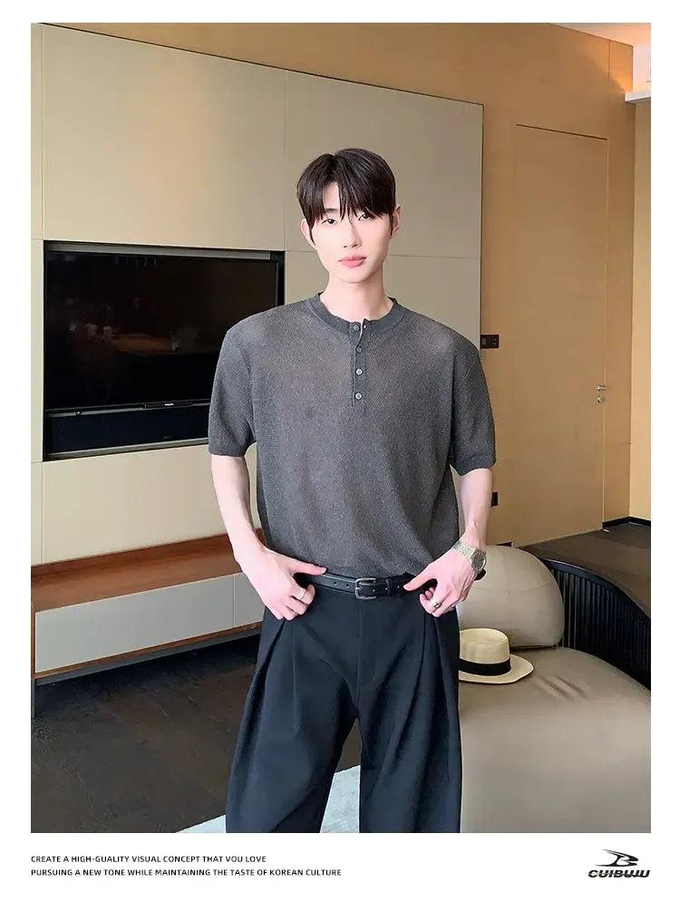Cui Henley Collar Sheer Knit T-Shirt-korean-fashion-T-Shirt-Cui's Closet-OH Garments