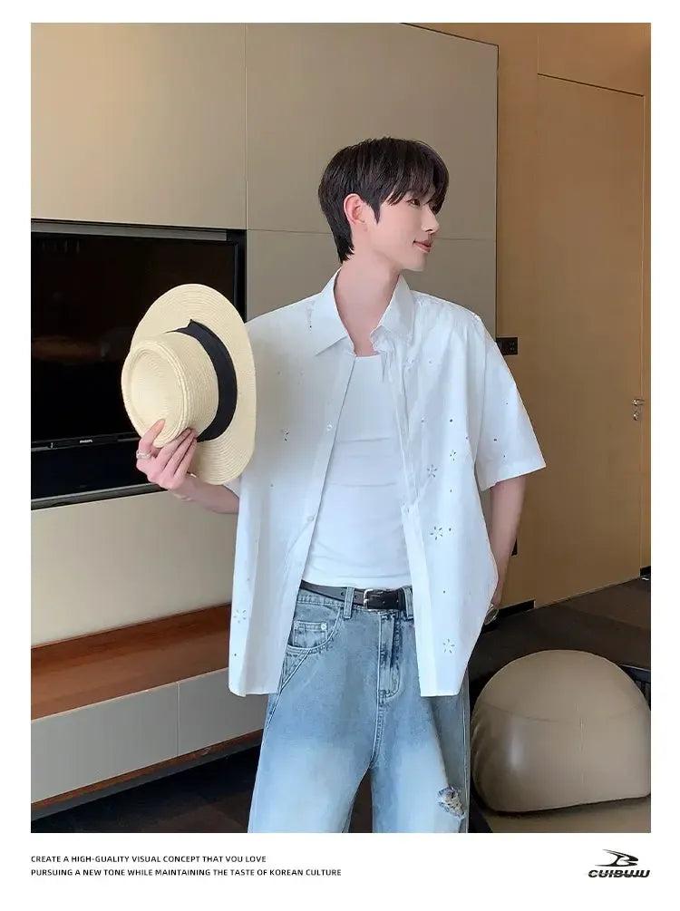 Cui Hollowed Floral Short Sleeve Shirt-korean-fashion-Shirt-Cui's Closet-OH Garments