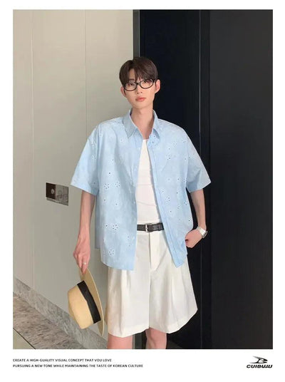 Cui Hollowed Floral Short Sleeve Shirt-korean-fashion-Shirt-Cui's Closet-OH Garments