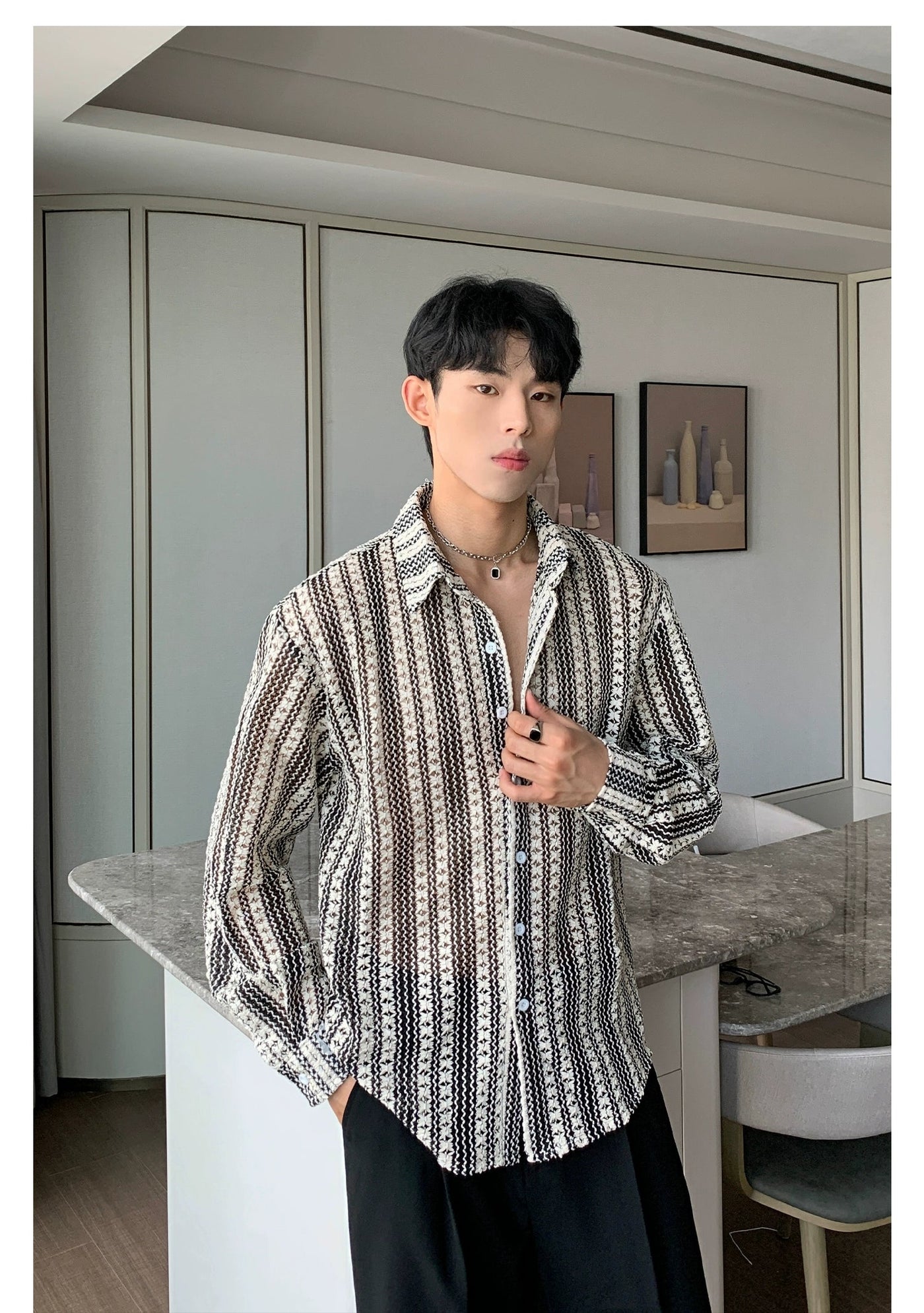 Cui Hollowed Stripes Woven Shirt-korean-fashion-Shirt-Cui's Closet-OH Garments