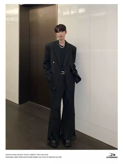 Cui Irregular Metallic Buttons Blazer & Slit Trousers Set-korean-fashion-Clothing Set-Cui's Closet-OH Garments