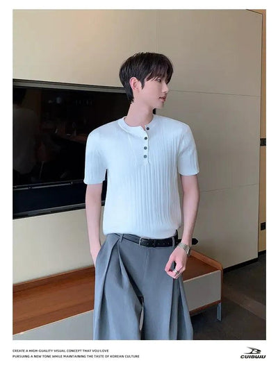 Cui Irregular Neckline Textured Knit T-Shirt-korean-fashion-T-Shirt-Cui's Closet-OH Garments