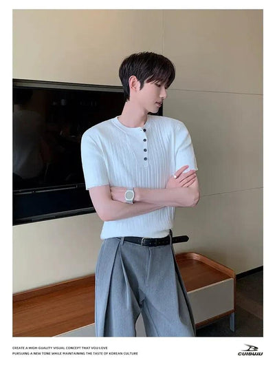 Cui Irregular Neckline Textured Knit T-Shirt-korean-fashion-T-Shirt-Cui's Closet-OH Garments