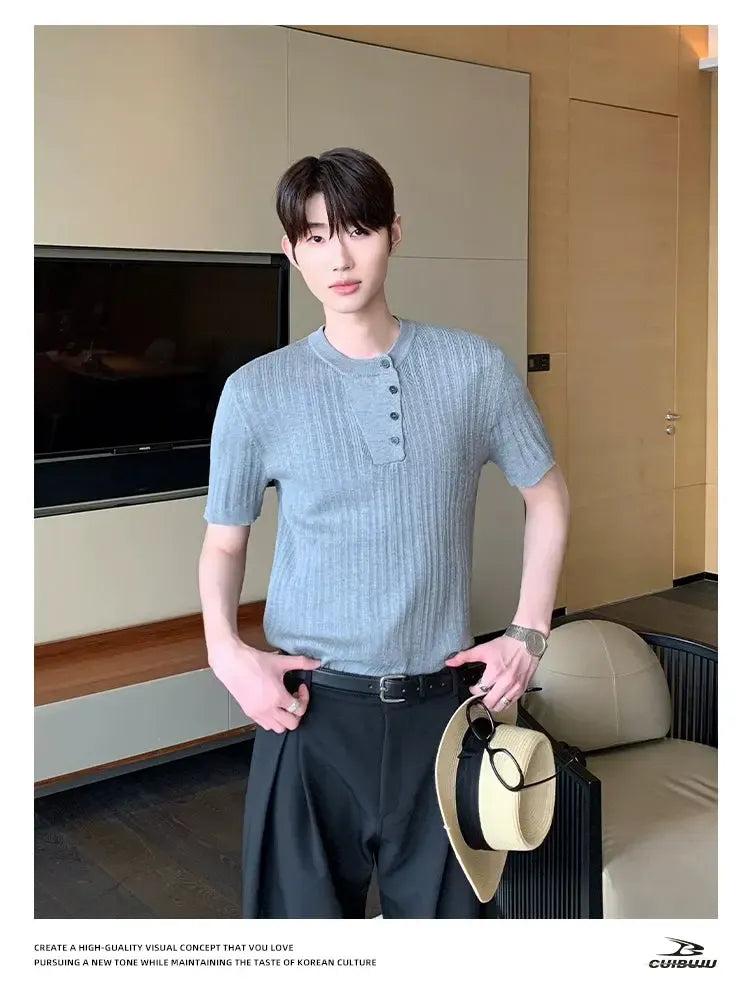 Cui Irregular Neckline Textured Knit T-Shirt-korean-fashion-T-Shirt-Cui's Closet-OH Garments