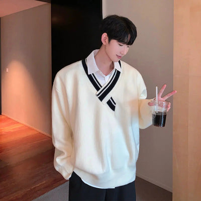 Cui Irregular Stripes V-Neck Sweater-korean-fashion-Sweater-Cui's Closet-OH Garments
