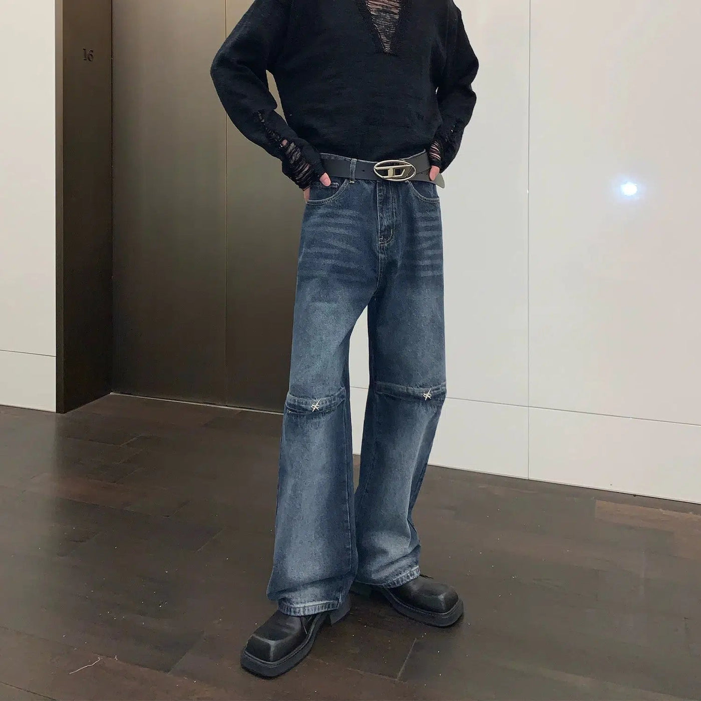 Cui Knee Line Detail Washed Bootcut Jeans-korean-fashion-Jeans-Cui's Closet-OH Garments