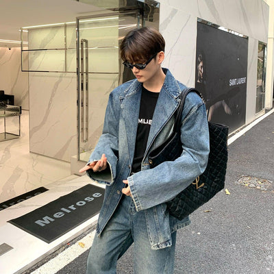 Cui Lapel Wide Denim Jacket and Jeans Set-korean-fashion-Clothing Set-Cui's Closet-OH Garments