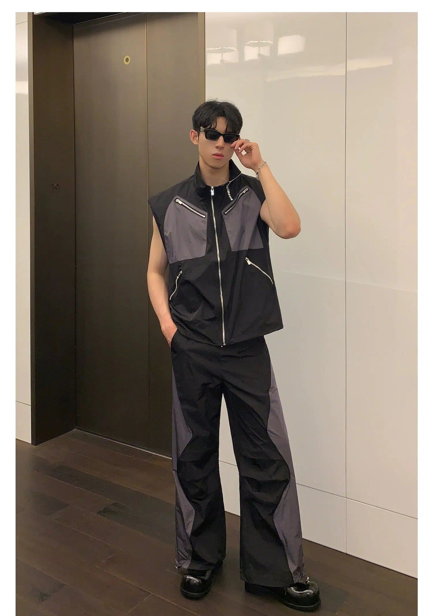 Cui Multi-Zipper Contrast Color Vest & Track Pants Set-korean-fashion-Clothing Set-Cui's Closet-OH Garments