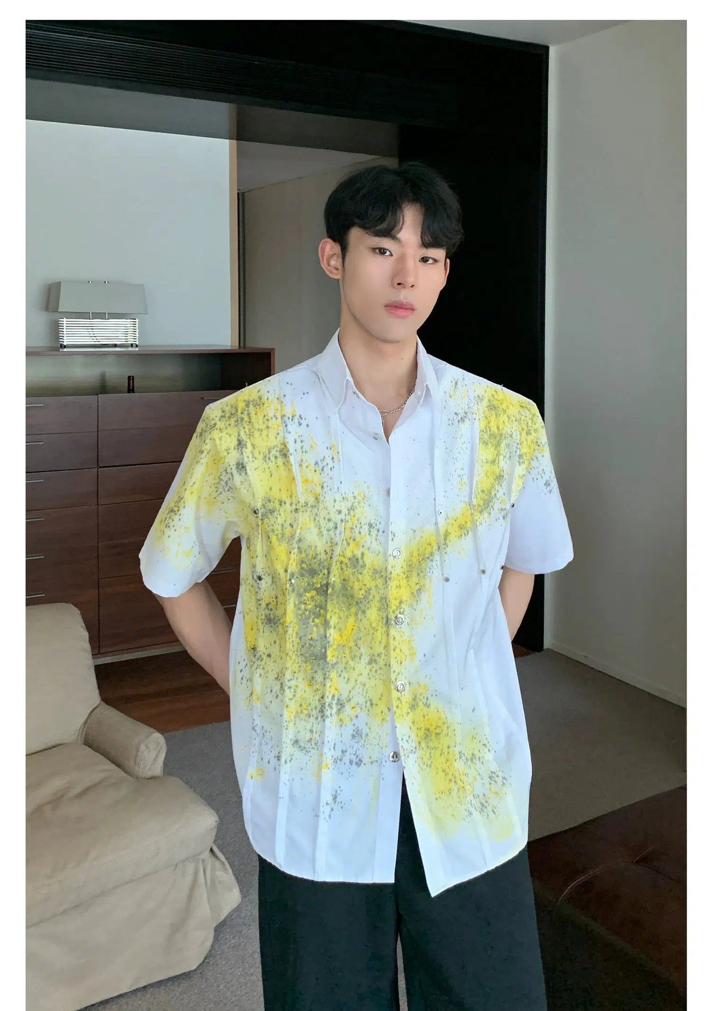 Cui Paint Splashed Rivet Pleats Shirt-korean-fashion-Shirt-Cui's Closet-OH Garments
