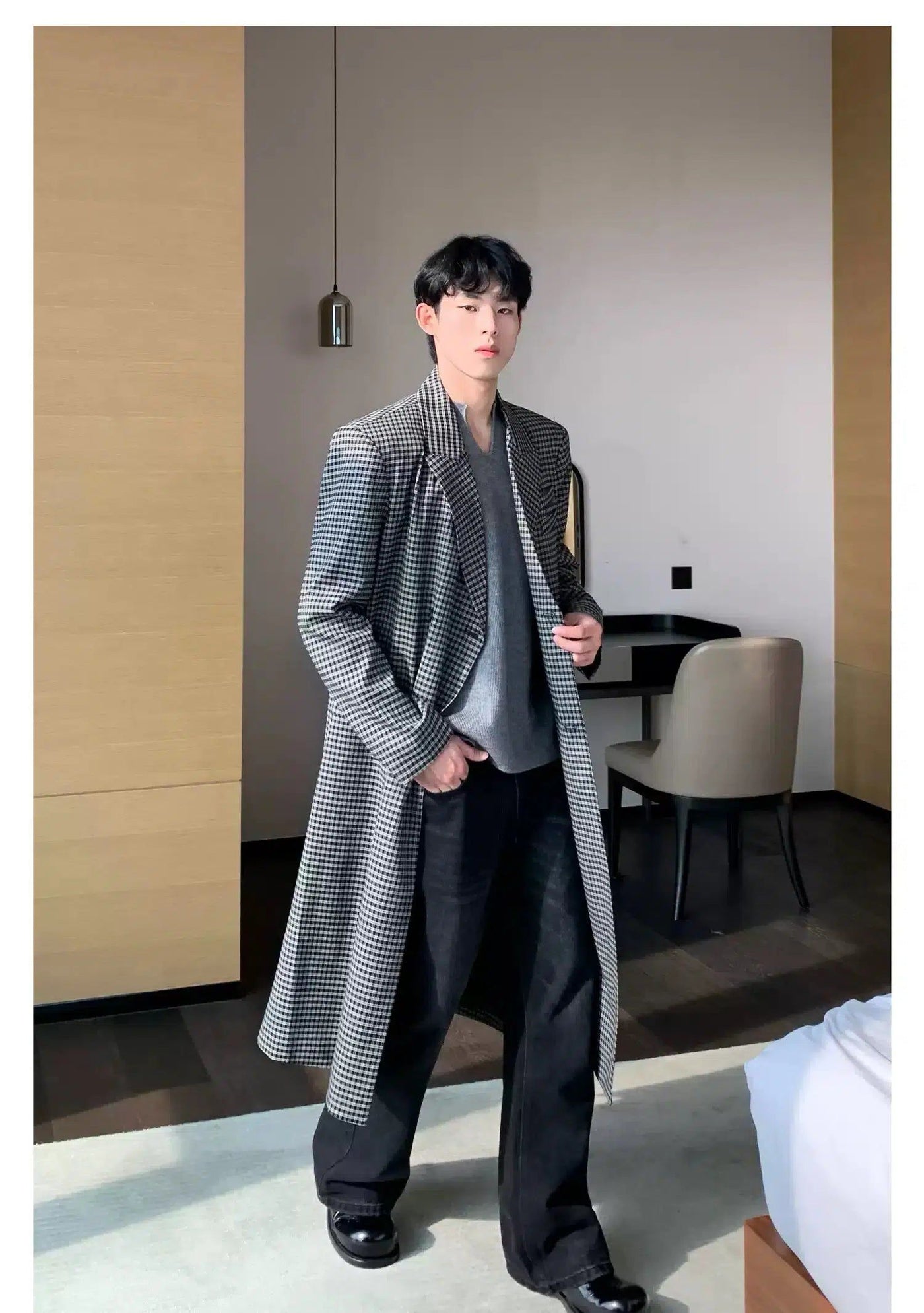 Cui Peak Lapel Plaid Overcoat-korean-fashion-Long Coat-Cui's Closet-OH Garments