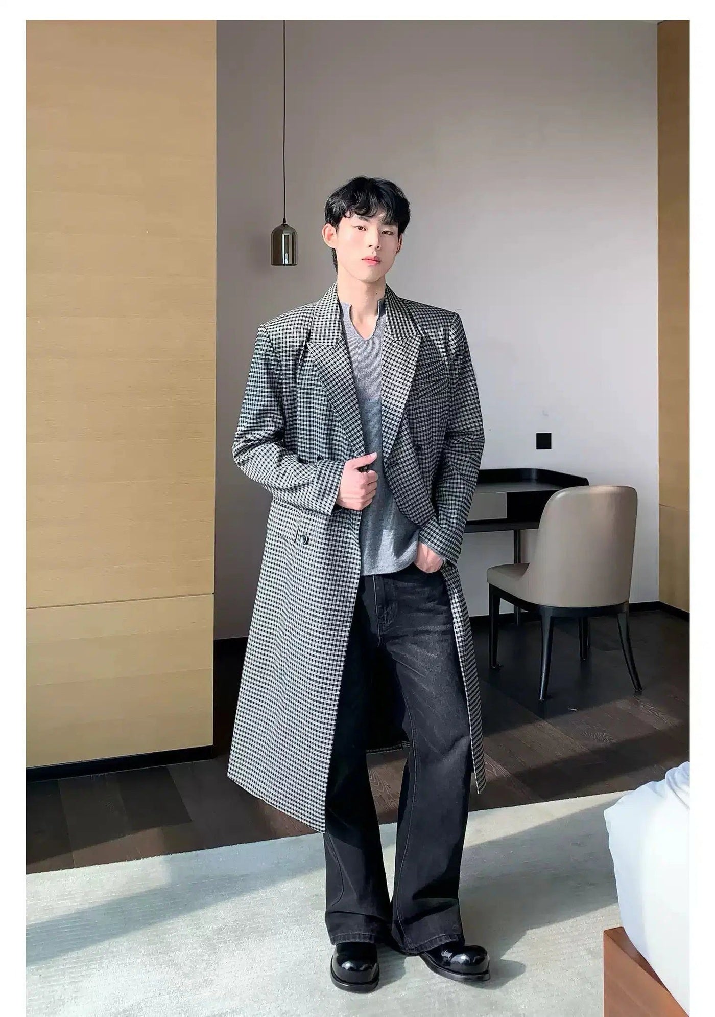 Cui Peak Lapel Plaid Overcoat-korean-fashion-Long Coat-Cui's Closet-OH Garments