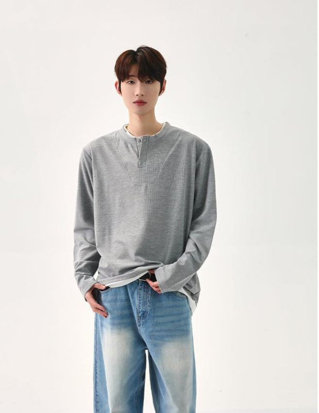 Cui Plain Henley Collar T-Shirt-korean-fashion-T-Shirt-Cui's Closet-OH Garments