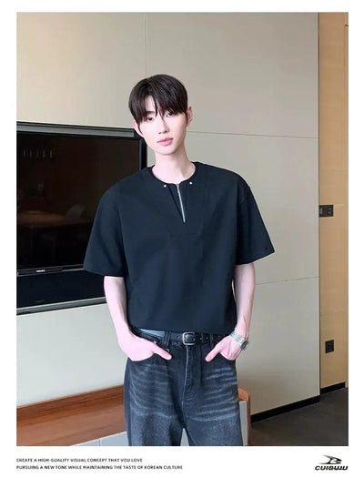Cui Plain Layered V-Neck Zip T-Shirt-korean-fashion-T-Shirt-Cui's Closet-OH Garments