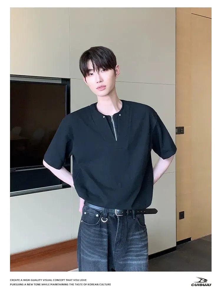 Cui Plain Layered V-Neck Zip T-Shirt-korean-fashion-T-Shirt-Cui's Closet-OH Garments