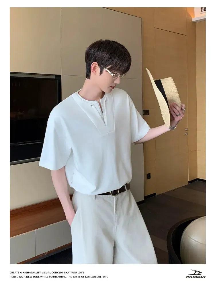 Cui Plain Layered V-Neck Zip T-Shirt-korean-fashion-T-Shirt-Cui's Closet-OH Garments