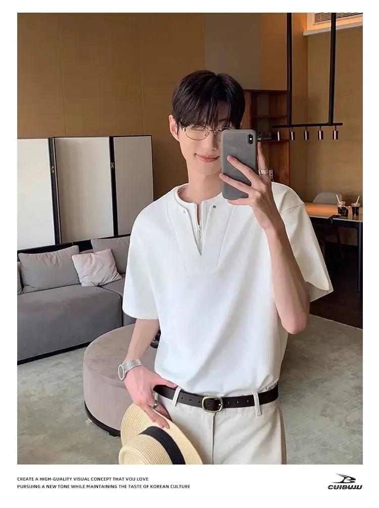 Cui Plain Layered V-Neck Zip T-Shirt-korean-fashion-T-Shirt-Cui's Closet-OH Garments
