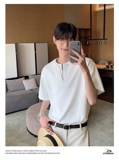 Cui Plain Layered V-Neck Zip T-Shirt-korean-fashion-T-Shirt-Cui's Closet-OH Garments