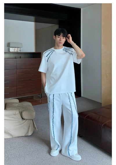 Cui Rivet & Frayed Contrast T-Shirt & Pants Set-korean-fashion-Clothing Set-Cui's Closet-OH Garments