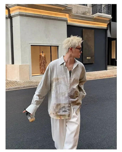 Cui Scenery Graphic Print Striped Shirt-korean-fashion-Shirt-Cui's Closet-OH Garments