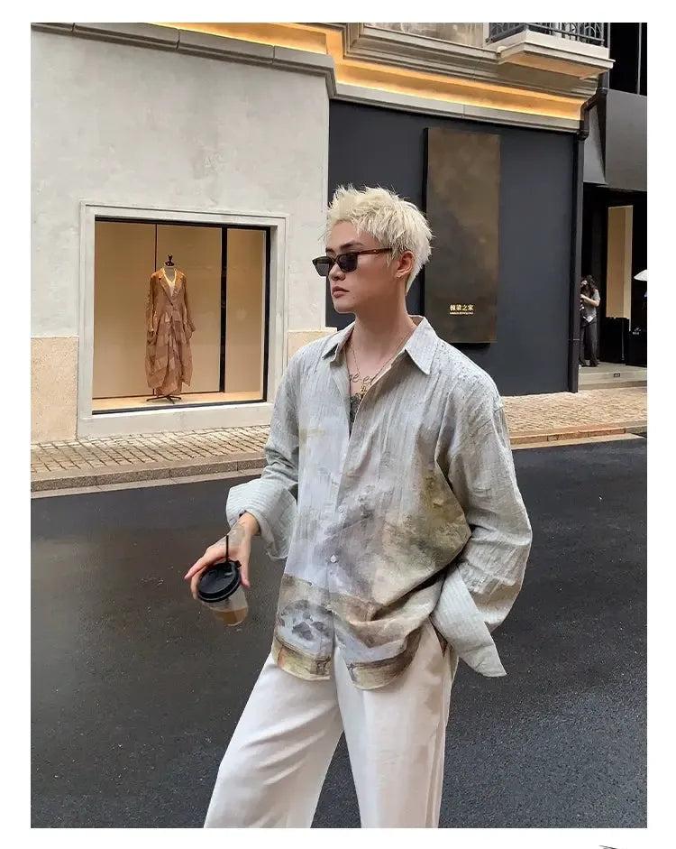 Cui Scenery Graphic Print Striped Shirt-korean-fashion-Shirt-Cui's Closet-OH Garments