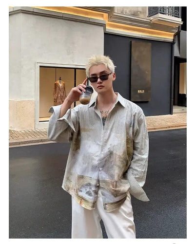 Cui Scenery Graphic Print Striped Shirt-korean-fashion-Shirt-Cui's Closet-OH Garments