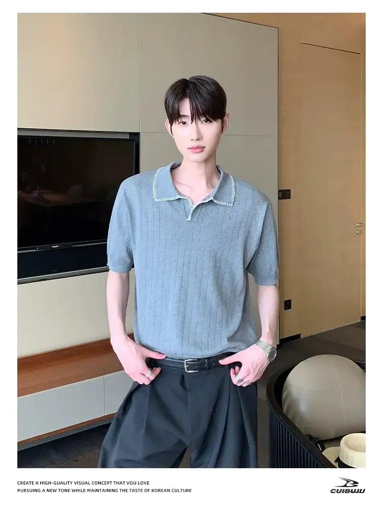 Cui Seam Striped Textured Knit Polo-korean-fashion-Polo-Cui's Closet-OH Garments