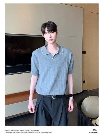 Cui Seam Striped Textured Knit Polo-korean-fashion-Polo-Cui's Closet-OH Garments