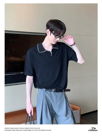 Cui Seam Striped Textured Knit Polo-korean-fashion-Polo-Cui's Closet-OH Garments