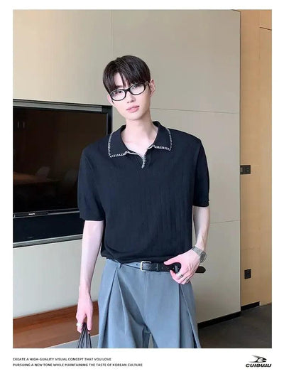Cui Seam Striped Textured Knit Polo-korean-fashion-Polo-Cui's Closet-OH Garments