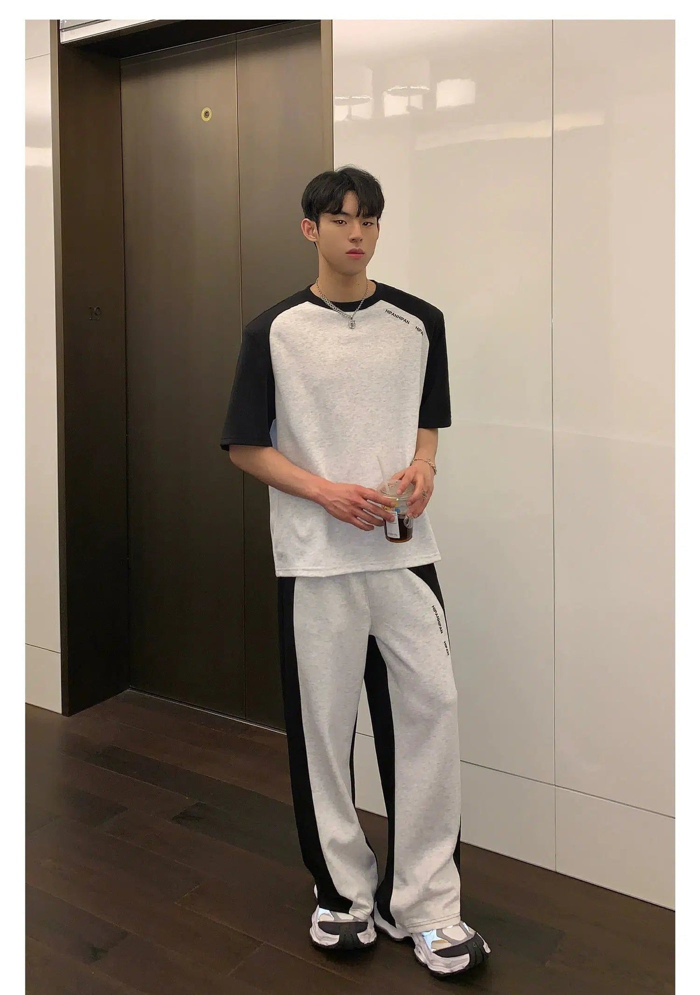 Cui Shoulder Pad Contrast T-Shirt & Sweatpants Set-korean-fashion-Clothing Set-Cui's Closet-OH Garments