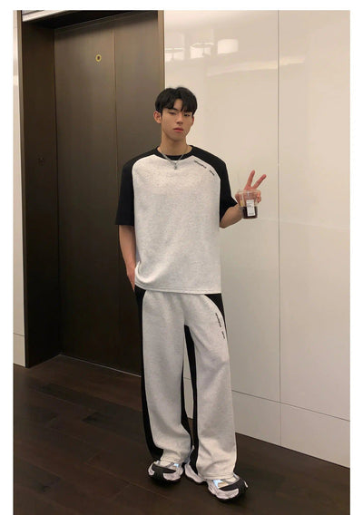 Cui Shoulder Pad Contrast T-Shirt & Sweatpants Set-korean-fashion-Clothing Set-Cui's Closet-OH Garments