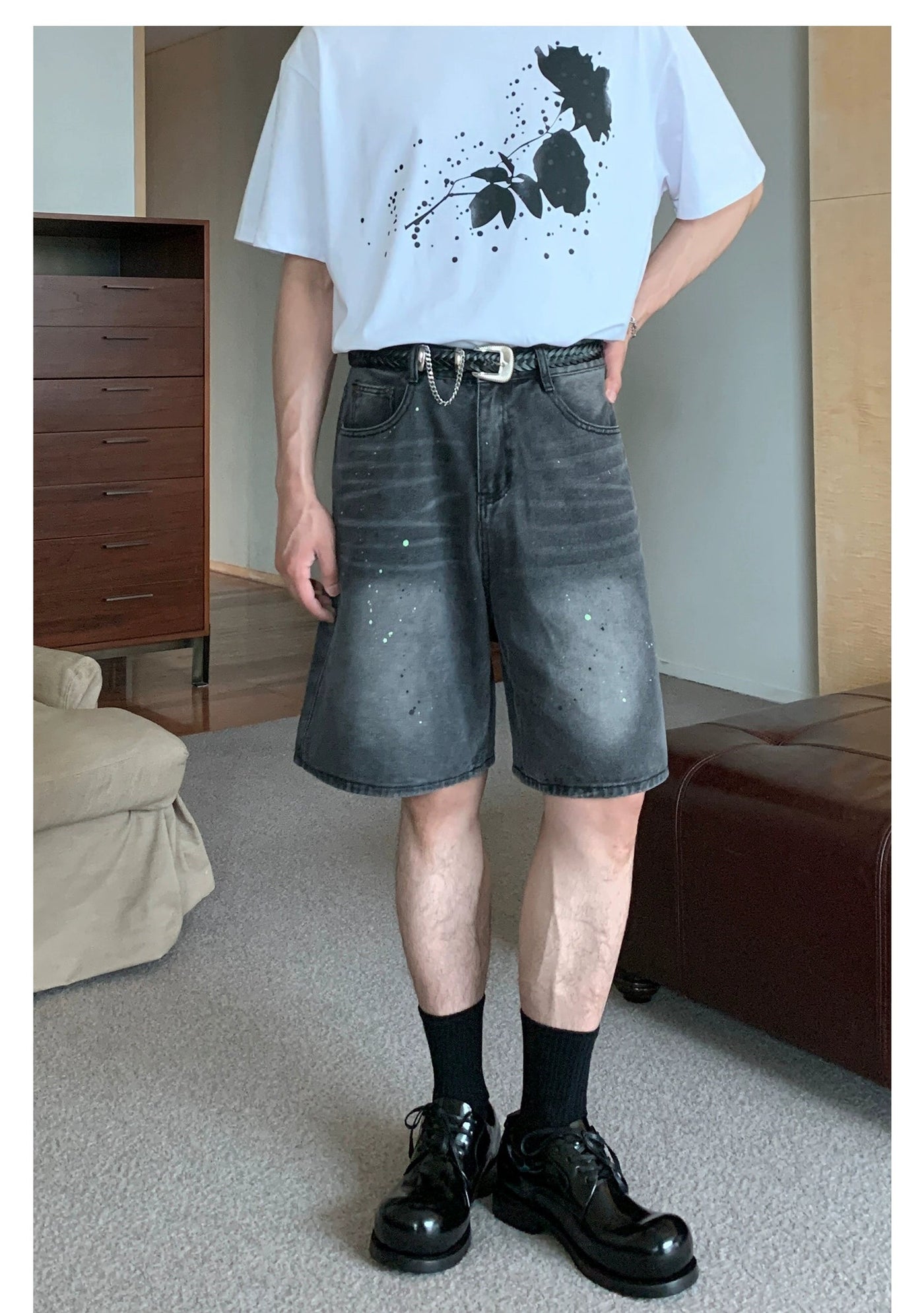 Cui Splatters Thigh Fade Denim Shorts-korean-fashion-Shorts-Cui's Closet-OH Garments