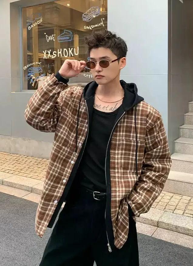 Cui Spliced Checkered Hooded Jacket-korean-fashion-Hoodie-Cui's Closet-OH Garments